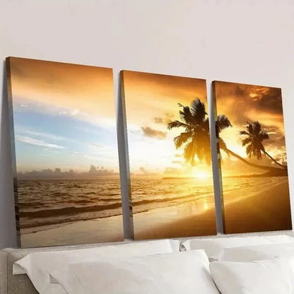 3pcs Sunset Over The Sea & Palm Trees Wall Art Canvas Unframed - High Quality Print 100% Australian Made Wall Canvas