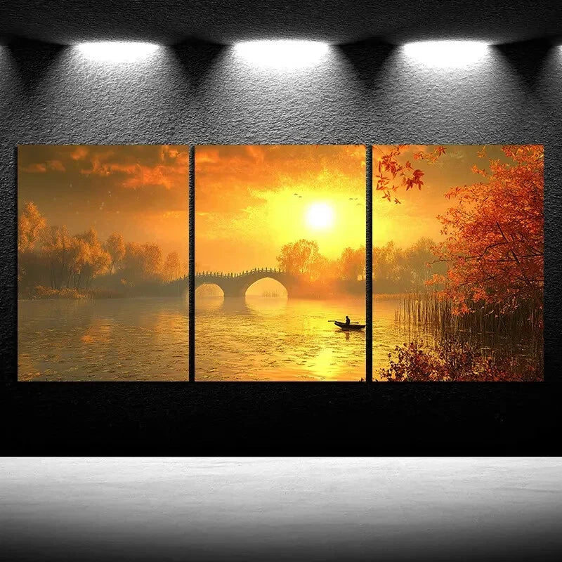 3pcs The Boatman Under The Stone Arch Sunset Metal Print Ready to Hang Art