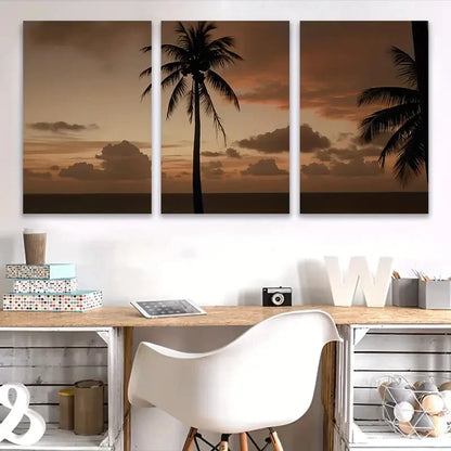 3pcs Tropical Palm Sunset Scene Wall Art Set Canvas Framed 40x60cm - High Quality Print 100% Australian Made Wall Canvas Ready to Hang
