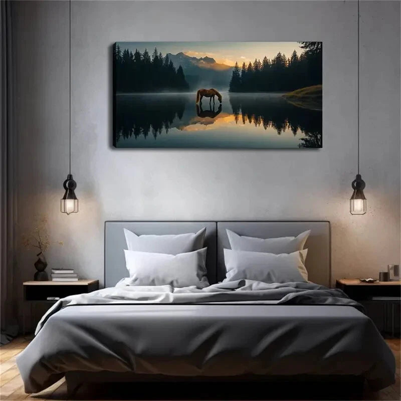 A Horse In A Peaceful Lake Wall Art Canvas Office Home Room Framed 120x60cm - Bella Home Decor