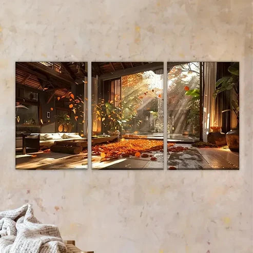 3pcs Room with Lots of Leaves on the Floor Canvas Wall Art Set Canvas Unframed - High Quality Print 100% Australian Made Wall Canvas