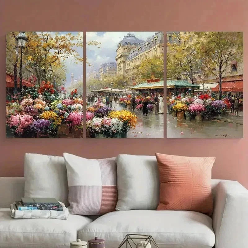3pcs Flower Market Impressionist Paint Perfect Wall Art Set Canvas Framed 50x70cm - High Quality Print 100% Australian Made Wall Canvas Ready to Hang - Bella Home Decor