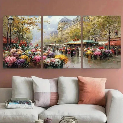3pcs Flower Market Impressionist Paint Perfect Wall Art Set Canvas Framed 50x70cm - High Quality Print 100% Australian Made Wall Canvas Ready to Hang - Bella Home Decor