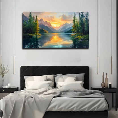 Bedroom with a large painting of a sunset over a lake on the wall.