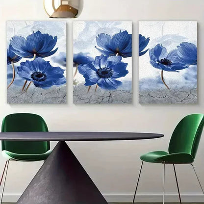 3pcs Blue Flowers Posters Abstract Flower Canvas Framed 60x90 cm - High Quality Print 100% Australian Made Wall Canvas Ready to Hang - Bella Home Decor