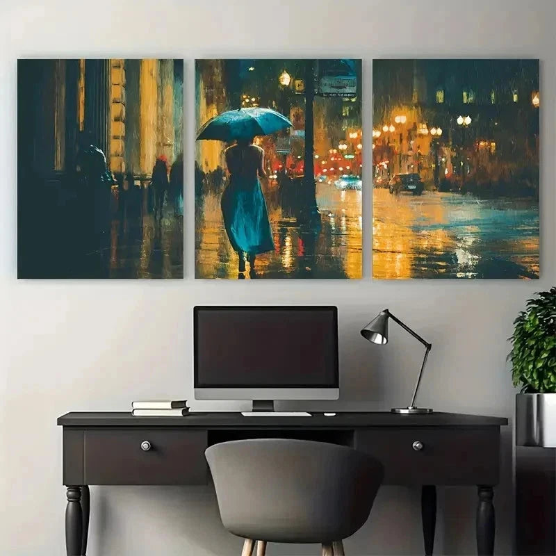 3pcs Archival Giclee Night Urban Street Perfect Wall Art Set Canvas Framed 50x70cm - High Quality Print 100% Australian Made Wall Canvas Ready to Hang - Bella Home Decor