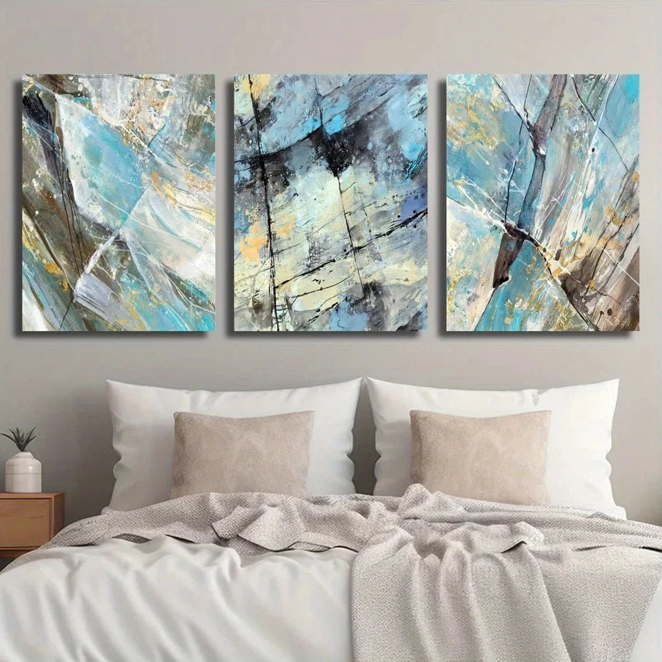 3pcs Golden Foil Marble Texture Blue and Green Metal Print Ready to Hang Art - Bella Home Decor