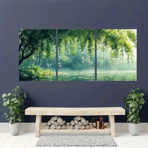 3pcs Serene Willow Tree & White Flower Landscape Wall Art Canvas Unframed - High Quality Print 100% Australian Made Wall Canvas