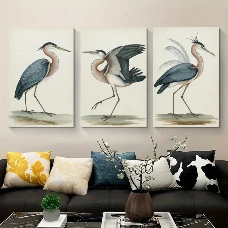 3pcs Heron Minimalist Decorations Painting Metal Print Ready to Hang Art