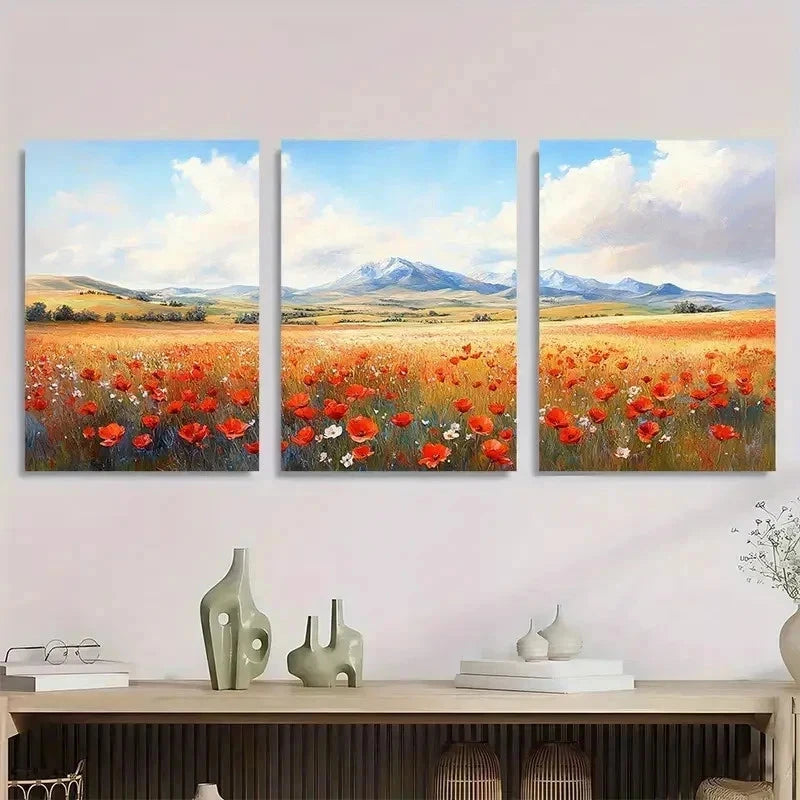 3pcs Vibrant Poppy Meadow Mountain View Perfect Wall Art Set Canvas Framed 50x70cm - High Quality Print 100% Australian Made Wall Canvas Ready to Hang