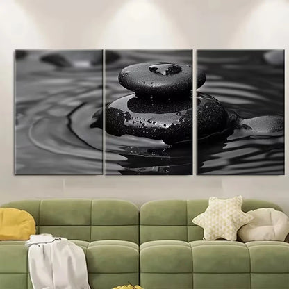 3pcs Serene Black Zen Stones Water Droplet Metal Print Ready to Hang Art - Bella Home Decor