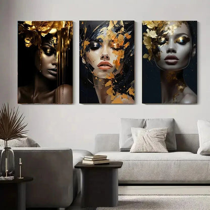 3pcs Golden Floral Portrait Women Décor Perfect Wall Art Set Canvas Framed 40x60cm - High Quality Print 100% Australian Made Wall Canvas Ready to Hang - Bella Home Decor