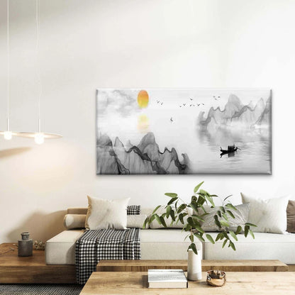 Black and White Mountain Lake Wall Art Canvas Office Home Room Framed 120x60cm - Bella Home Decor