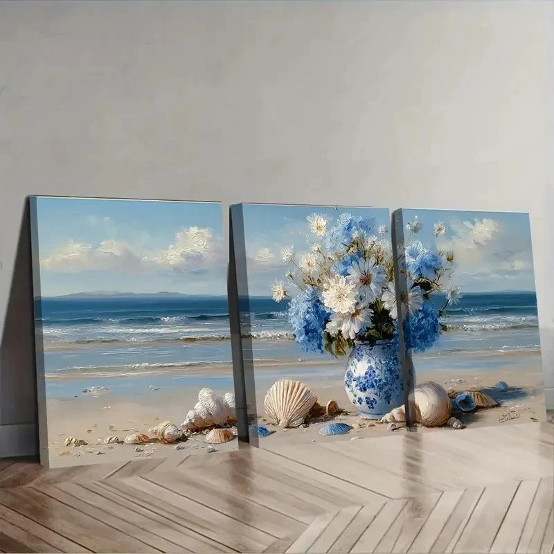 3pcs Blue And White Flowers In Vase Wall Art Set Canvas Framed 40x60cm - High Quality Print 100% Australian Made Wall Canvas Ready to Hang - Bella Home Decor