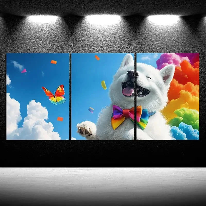 3pcs The Smiling Dog Under The Rainbow Metal Print Ready to Hang Art - Bella Home Decor