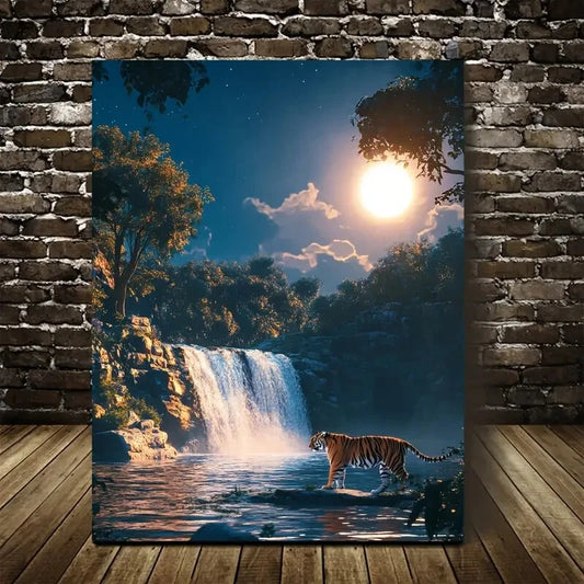 Tiger Waterfall At Sunset Hyper Realistic Painting 40x60cm Metal Print Ready to Hang - Bella Home Decor