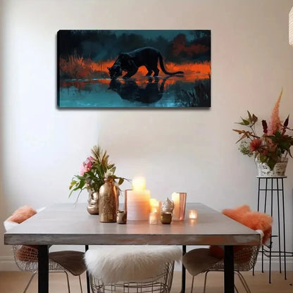 Black Leopard Drinking By Water Wall Art Canvas Office Home Room Framed 120x60cm