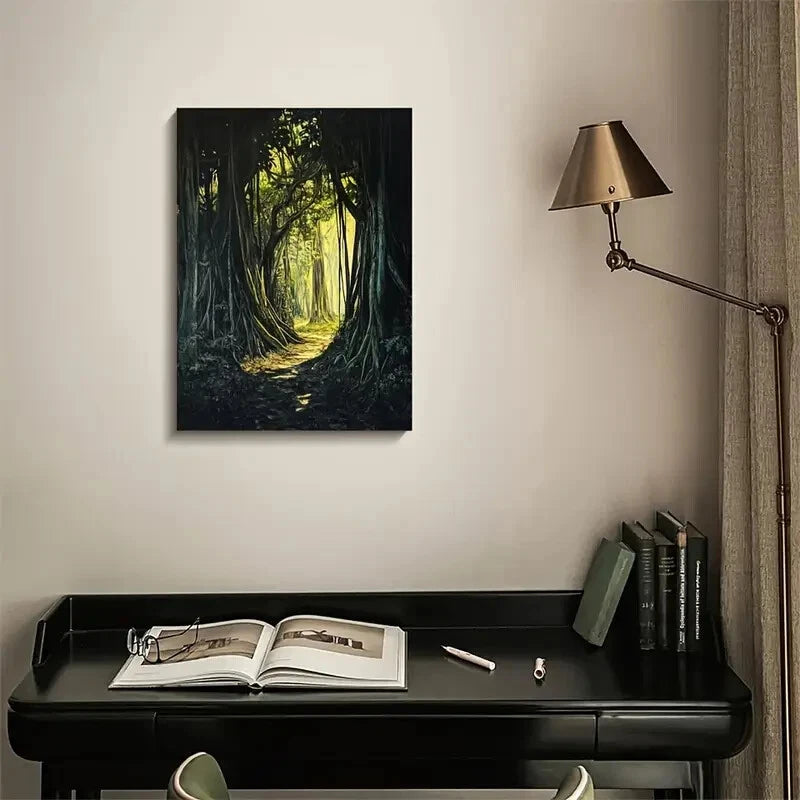 Lush Banyan Forest with Sunlit Painting 40x60cm Metal Print Ready to Hang - Bella Home Decor