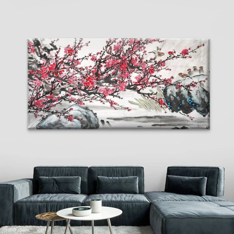 Silk Painting Plum Blossoms Wall Art Canvas Office Home Room Framed 120x60cm