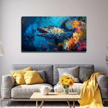 Ferocious Fish In The Sea Wall Art Canvas Office Home Room Framed 120x60cm