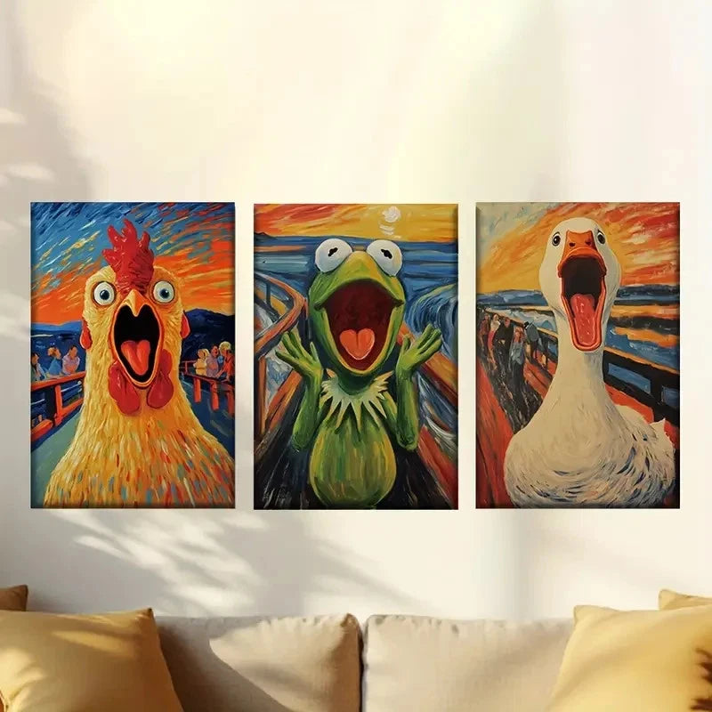 3pcs Screaming chicken, frog and duck Wall Art Set Canvas Framed 60x90cm - High Quality Print 100% Australian Made Wall Canvas Ready to Hang