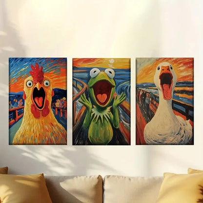 3pcs Screaming chicken, frog and duck Wall Art Set Canvas Framed 60x90cm - High Quality Print 100% Australian Made Wall Canvas Ready to Hang