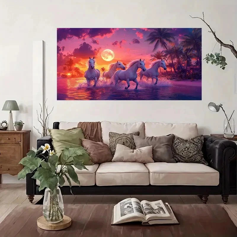 White horses Sunset Palm Wall Art Canvas Office Home Room Framed 120x60cm