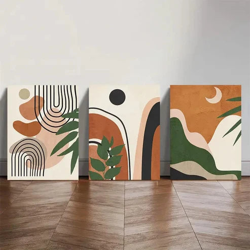3pcs Abstract Geometric & Botanical Wall Art Set Canvas Unframed - High Quality Print 100% Australian Made Wall Canvas - Bella Home Decor
