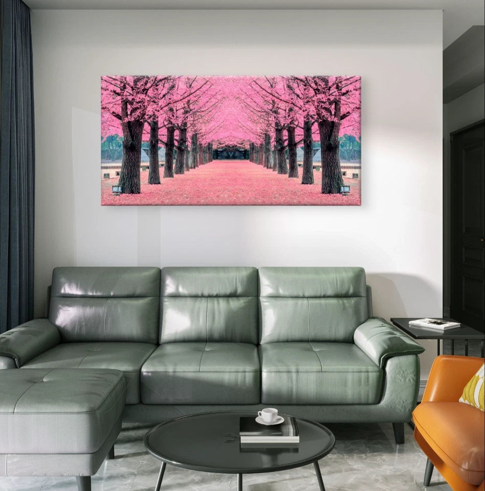 Landscape Pink Cherry Blossom Avenue Wall Art Canvas Office Home Framed 120x60cm