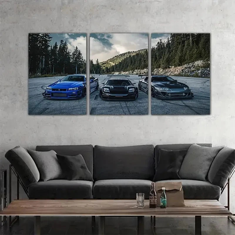 3pcs Luxury Sports Car Modern Vehicles Theme Metal Print Ready to Hang Art