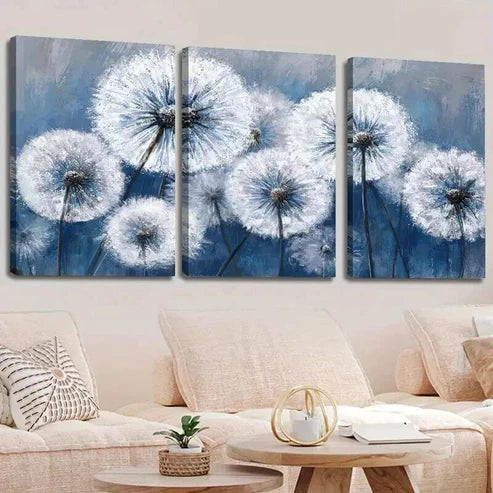 3pcs White Dandelion on Vintage Blue Background Wall Art Canvas Unframed - High Quality Print 100% Australian Made Wall Canvas