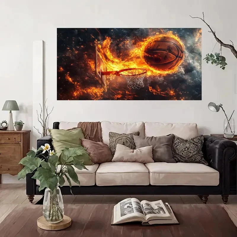 Basketball Burning Wall Art Canvas Office Home Room Framed 120x60cm