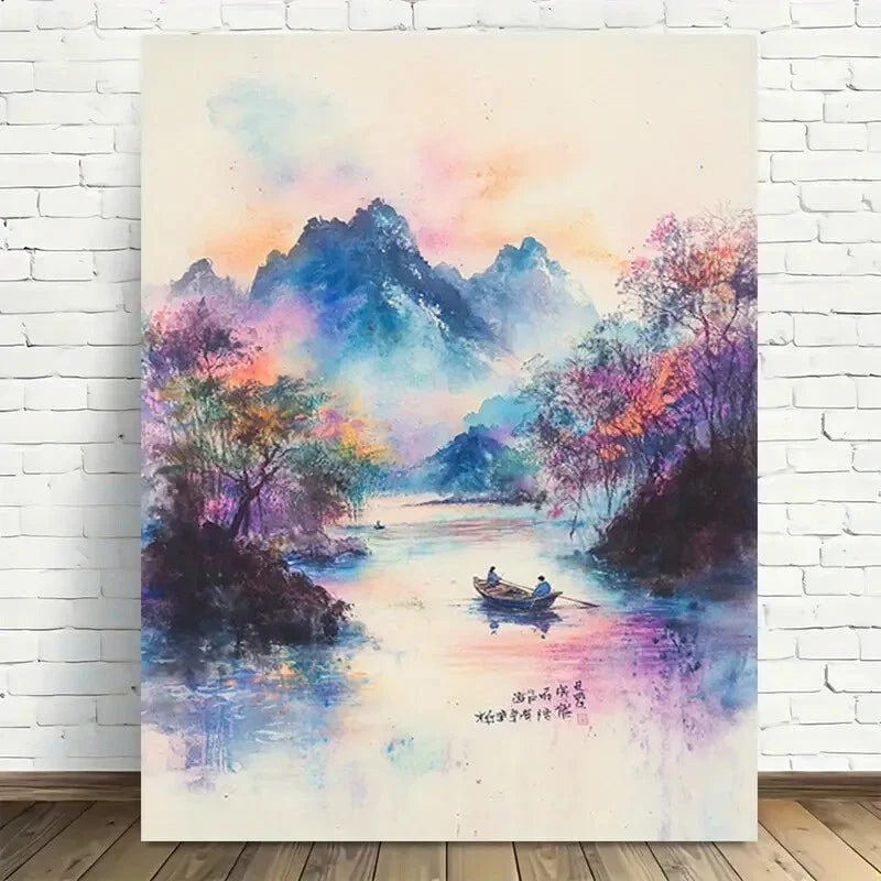 Beautiful Serene River Journey Vintage Painting 40x60cm Metal Print Ready to Hang - Bella Home Decor
