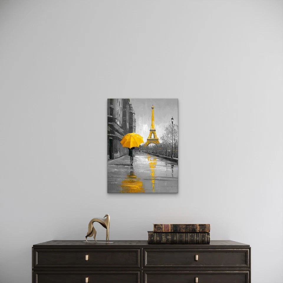 Vibrant Yellow Umbrella & Rainy Scene Metal Print Ready to Hang