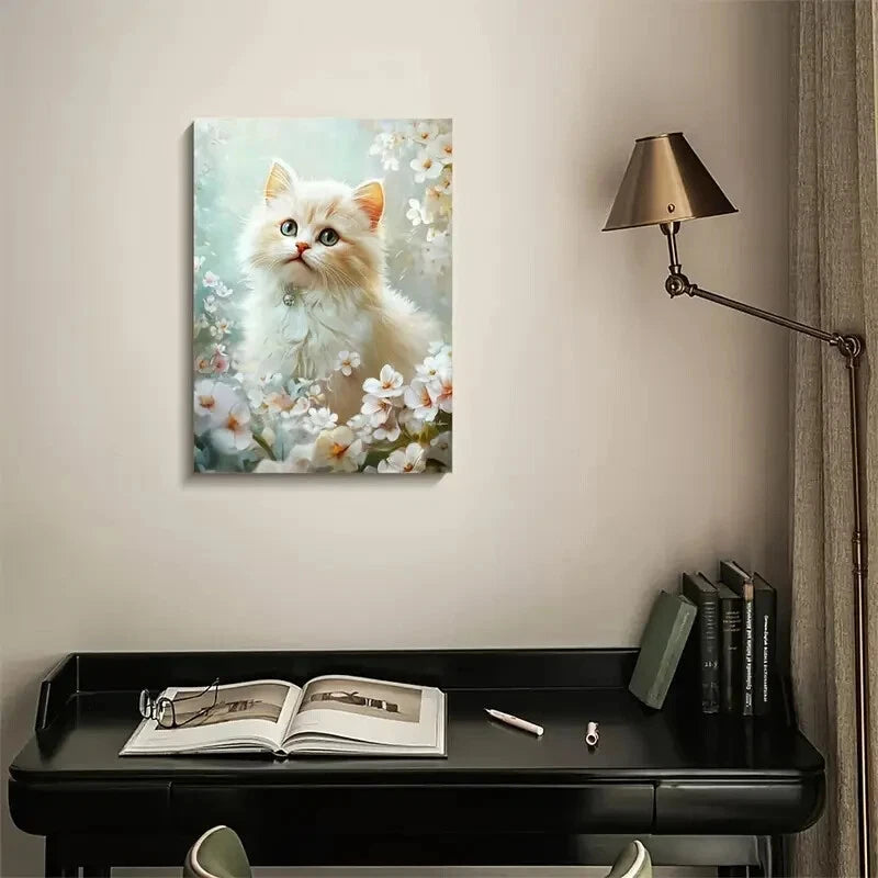 Cute Persian Cat Kitten with Flowers Painting 40x60cm Metal Print Ready to Hang - Bella Home Decor