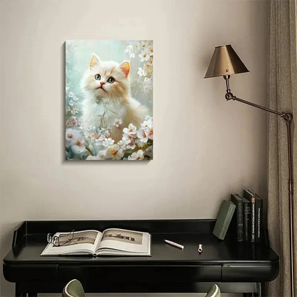 Cute Persian Cat Kitten with Flowers Painting 40x60cm Metal Print Ready to Hang - Bella Home Decor