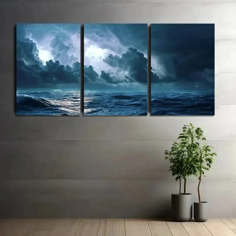 3pcs Dark Blue Stormy Sea & Thunder Sky Scene Metal Print Ready to Hang Art - Bella Home Decor