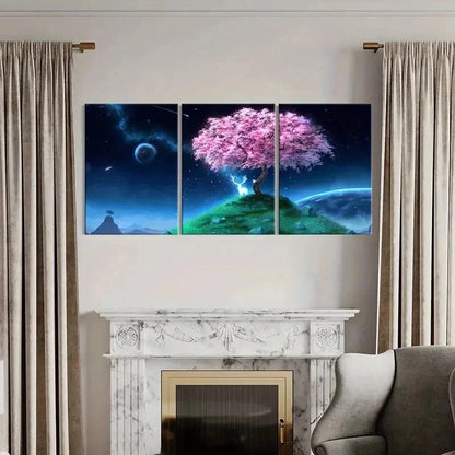 3pcs Sparkling Deer Starry Sky & Cherry Blossom Wall Art Set Canvas Framed 50x70cm - High Quality Print 100% Australian Made Wall Canvas Ready to Hang