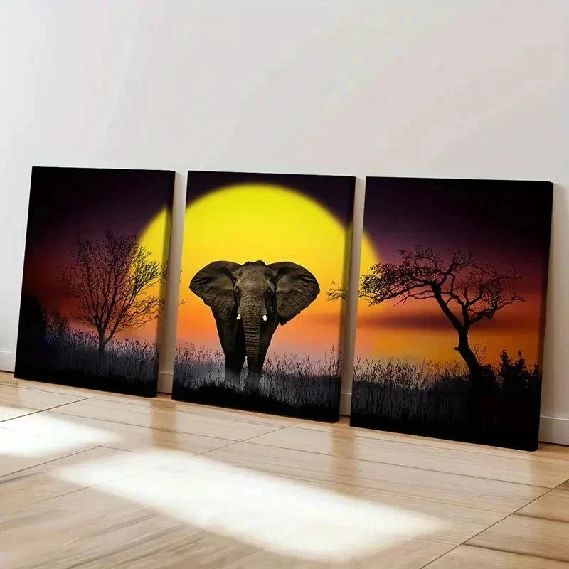 3pcs African Elephant Sunset Modern Wall Art Set Canvas Framed 50x70cm - High Quality Print 100% Australian Made Wall Canvas Ready to Hang - Bella Home Decor