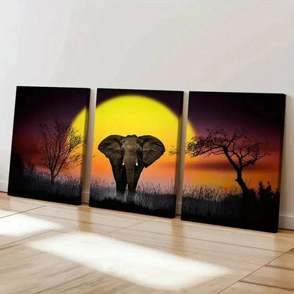 3pcs African Elephant Sunset Modern Wall Art Set Canvas Framed 50x70cm - High Quality Print 100% Australian Made Wall Canvas Ready to Hang - Bella Home Decor