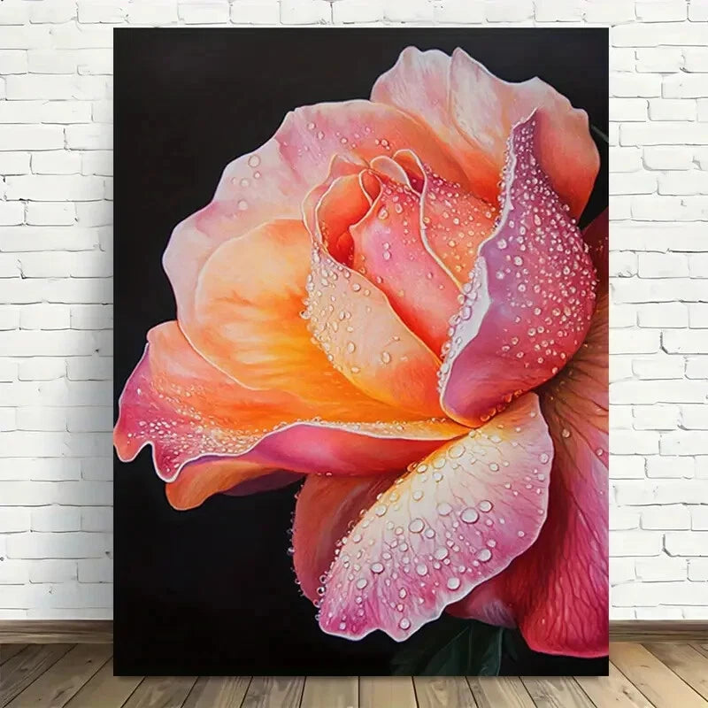 Beautiful Rainbow Rose Dew Drops Modern Painting 40x60cm Metal Print Ready to Hang - Bella Home Decor