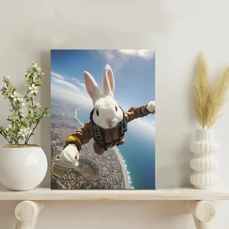 White Rabbit Skydiving Painting  40x60cm Metal Print Ready to Hang