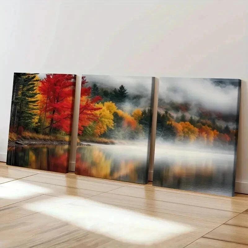 3pcs Autumn Colors Misty Lake & Vibrant Trees Wall Art Set Canvas Framed 50x70cm - High Quality Print 100% Australian Made Wall Canvas Ready to Hang - Bella Home Decor
