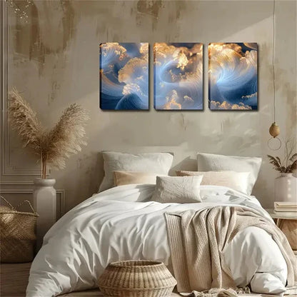 3pcs Triptych with Golden & Blue Swirls Wall Art Canvas Unframed - High Quality Print 100% Australian Made Wall Canvas