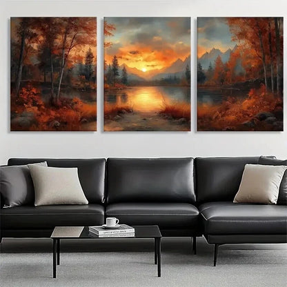 3pcs Sunset Lake Autumn Forest Landscape Wall Art Set Canvas Framed 60x90cm - High Quality Print 100% Australian Made Wall Canvas Ready to Hang