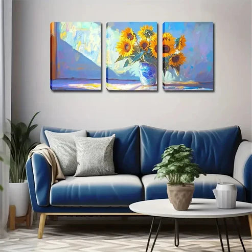 3pcs Yellow Sunflowers Placed in a Vase Perfect Wall Art Canvas Unframed - High Quality Print 100% Australian Made Wall Canvas
