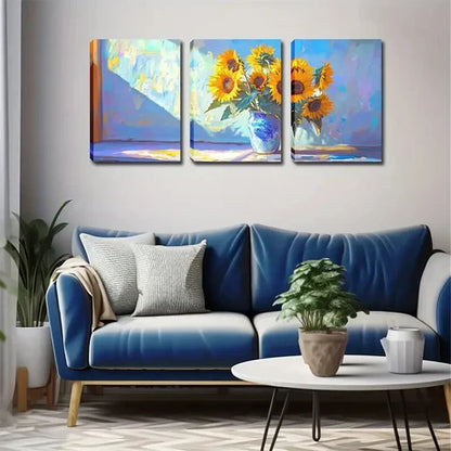 3pcs Yellow Sunflowers Placed in a Vase Perfect Wall Art Canvas Unframed - High Quality Print 100% Australian Made Wall Canvas