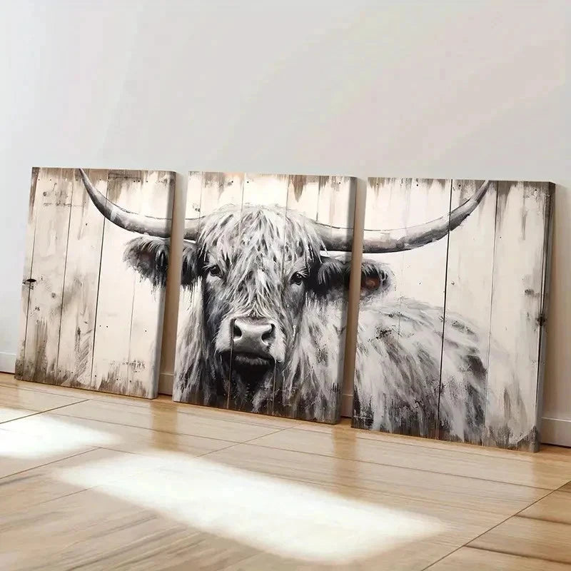 3pcs Vintage Farmhouse Highland Cattle Wall Art Set Canvas Framed 60x90cm - High Quality Print 100% Australian Made Wall Canvas Ready to Hang - Bella Home Decor