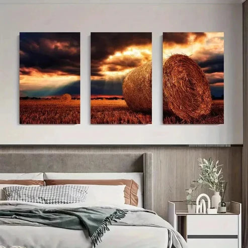 3pcs Sunset Hay Bales Golden Field Landscape Art Set Canvas Unframed - High Quality Print 100% Australian Made Wall Canvas