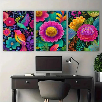 3pcs Asian Floral Nature Vibrant Wall Art Set Canvas Unframed - High Quality Print 100% Australian Made Wall Canvas - Bella Home Decor